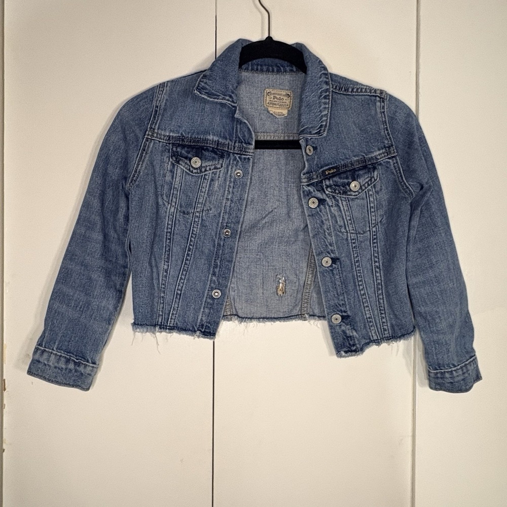 Polo Ralph Lauren Logo Jacket Girls 6X Blue Jean Denim Pony Cropped Preppy EUC